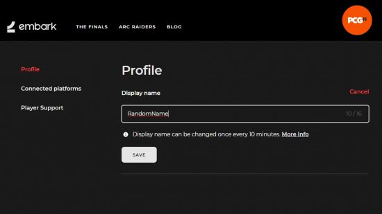 A screenshot from a player's Embark account, showing the display name box for changing your name in The Finals.