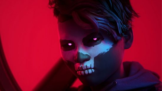The Finals open beta: A character with purple eyes and skull face paint stands in front of a red background
