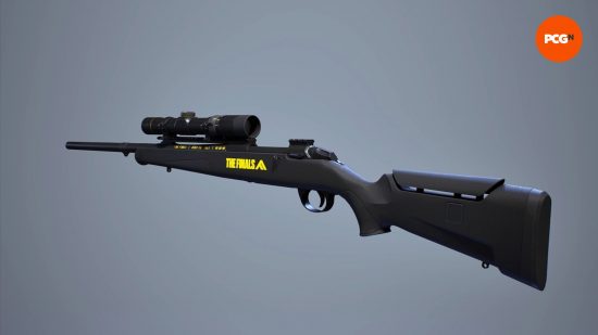 The Finals best weapons: a long black sniper rifle with yellow writing near the barrel.