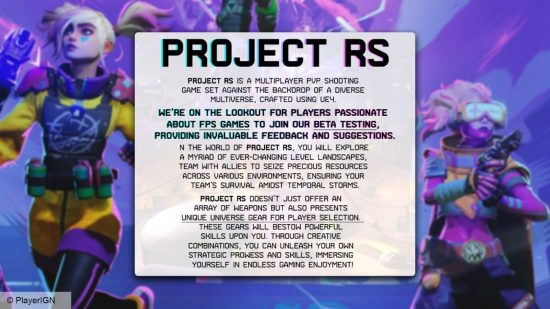 An image showing the description of an upcoming shooter game called Project RS