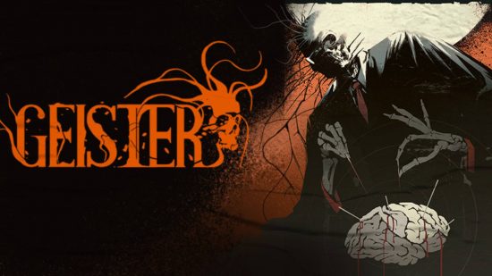 A cartoon style man in a black suit with a red tie leans over a brain stabbing it with needles with 'Geister' written next to him