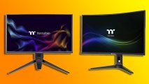 Thermaltake new 165Hz 1440p QHD gaming monitors: two monitors with Thermaltake on the screen appear against a yellow and orange background.