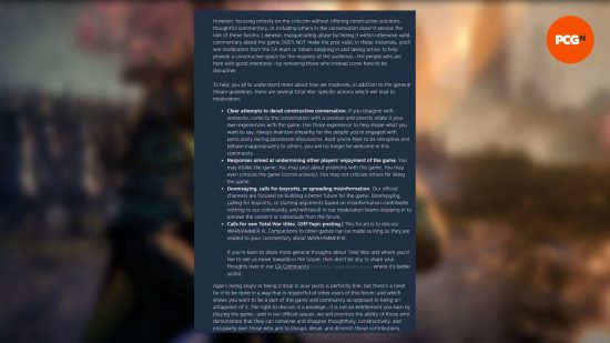Prohibición del boicot de Steam en Total War Warhammer 3: una captura de pantalla de la publicación de Steam