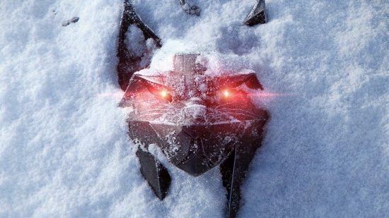 The School of the Lynx medallion half-buried in snow with glowing red eyes, the first official teaser image of The WItcher 4, one of the most anticipated upcoming PC games.