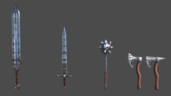 Valheim Ashlands weapons - Image from developer Iron Gate of a greatsword, sword, mace, and dual axes.