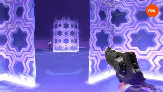 A Valorant player standing in a purple area with three prismatic cages and a man with a gun in the distance