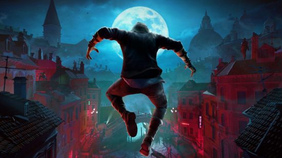 Best VR games: a hooded vampire jumps from the top of a building.