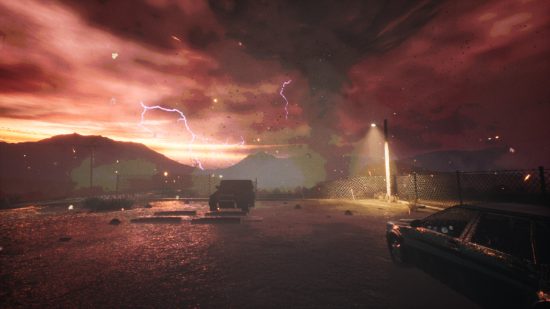 Una montaña polvorienta con un cielo rojo sangre y relámpagos brillando a su alrededor, con un jeep abandonado y una farola parpadeante.