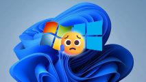 An image of the sad emoji, sitting on top of the Windows 7 and 8 logo, along with the 'Bloom' Windows 11 wallpaper.