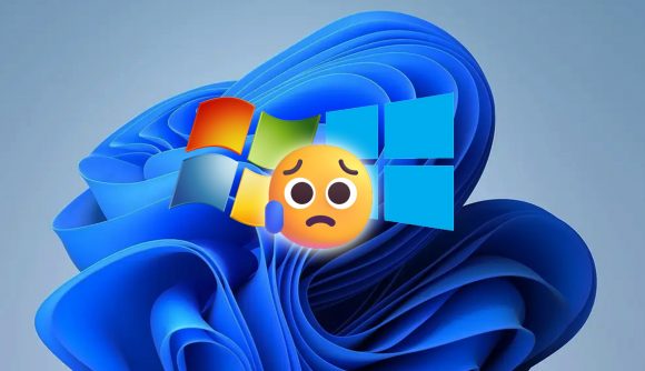 An image of the sad emoji, sitting on top of the Windows 7 and 8 logo, along with the 'Bloom' Windows 11 wallpaper.