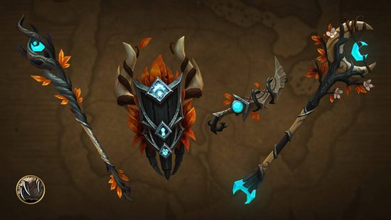 A collection of wood and leaf-style transmog weapons for WoW, including a dagger, fist, and staffs
