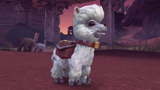 Ein kleines Cartoon-Alpaka mit weißem Fell und einer Satteltasche, von vorn gesehen, mit einem Halsband mit dem World of Warcraft W darauf