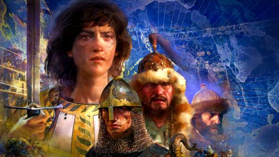 Age of Empires 4 Steam Sale: A group of four men, each from different historical cultures, stands facing different directions against a deep blue backdrop