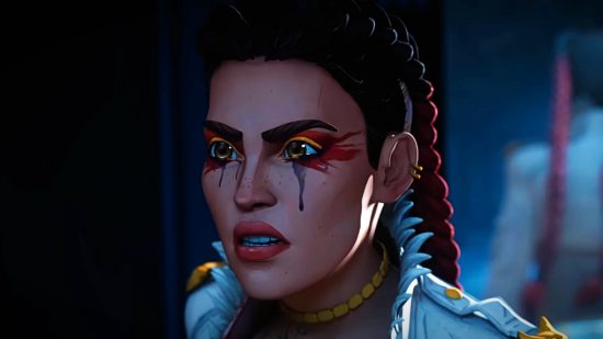 Apex Legends Three Strikes: A woman with long braided hair and red and black eye makeup looks to the side, her mouth parted