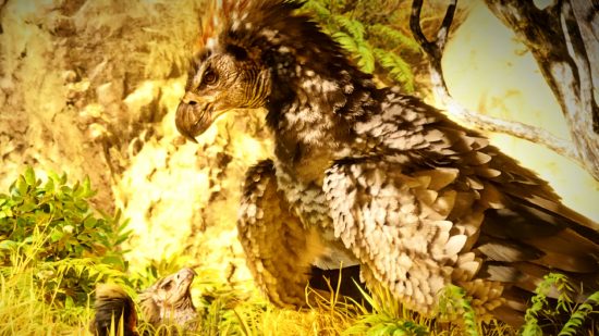 Ark Survival Ascended crossplay: A giant eagle-like bird looks down on a smaller baby of the same species, the baby's mouth wide open