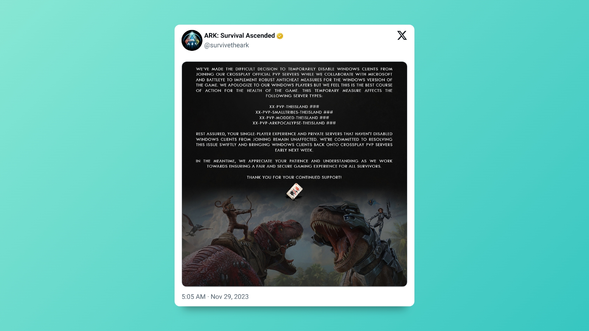 Ark Survival Ascended tweet from developers explaining the crossplay removal on PC