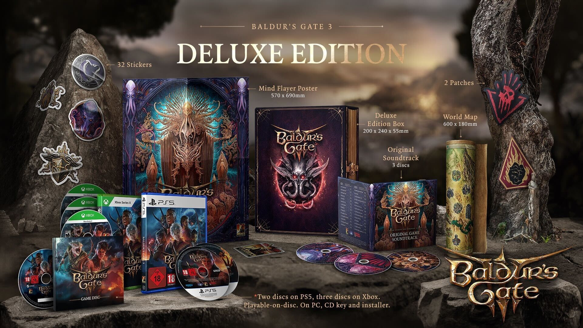Các thành phần của Baldur's Gate 3 Deluxe Edition, chẳng hạn như bản đồ thế giới và áp phích