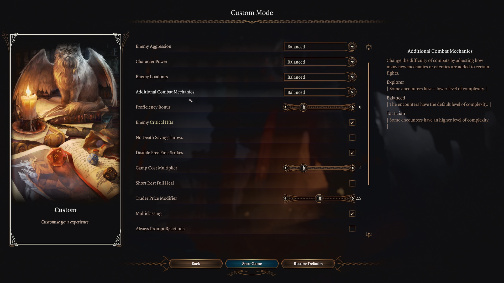 Baldur's Gate 3 screenshot showing the new custom game mode options