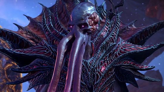 Baldur's Gate 3 GOTY: A mindflayer with long purple tentacles portruding from his face stands with glowing eyes, wearing black and red armor