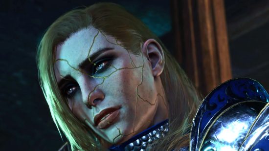 Baldur's Gate 3 patch 5: A blonde woman with blue heavy armor looks down, cracks on her face as though she's made of porcelain