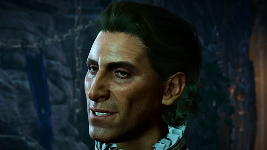 Baldur's Gate 3 Patch 5: A man with swept back short brown hair smirks, his teeth showing and ruffled shirt collar showing