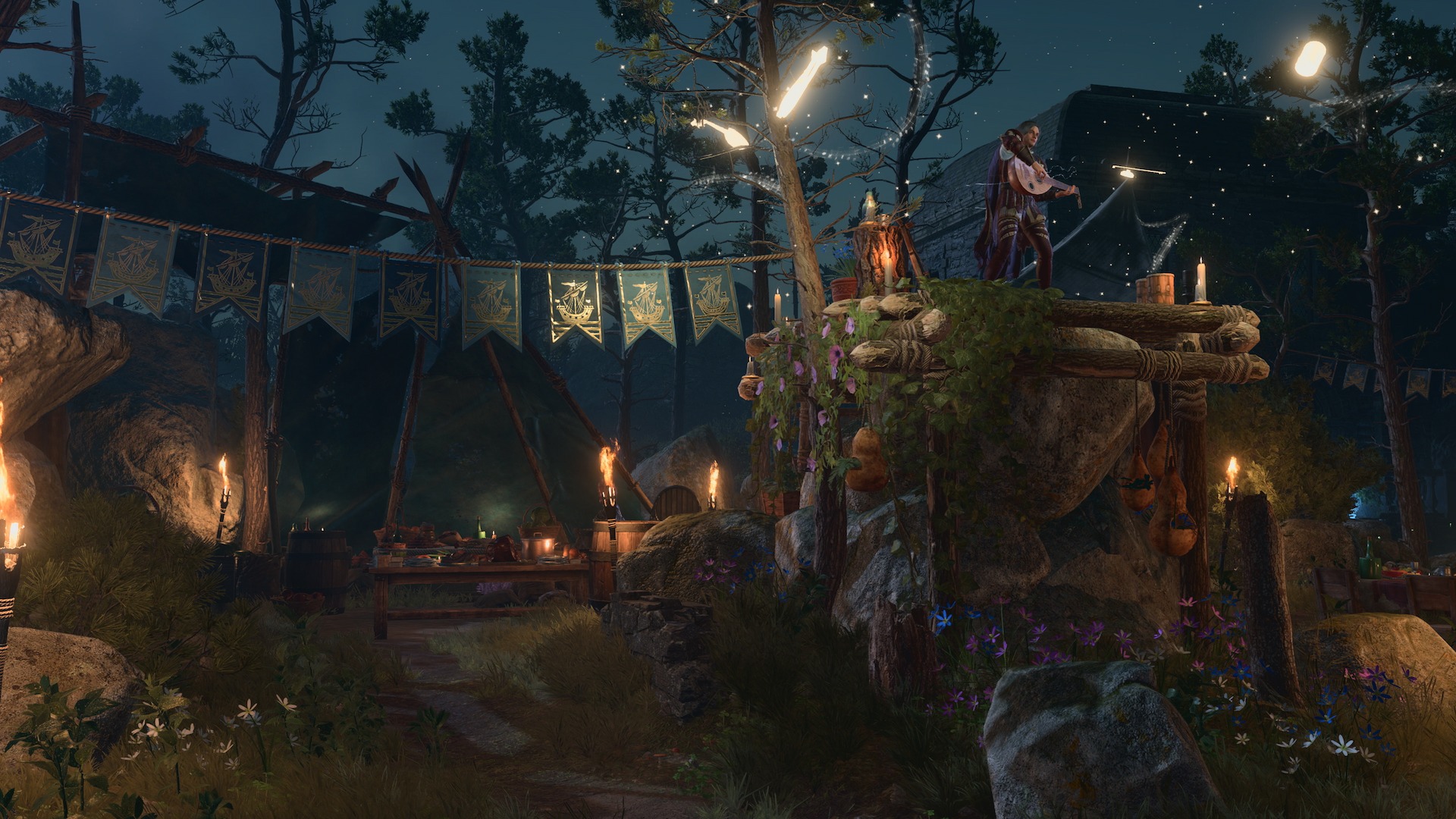 Baldur's Gate 3 screenshot from Larian Studios showing a bard play upon a nighttime hill