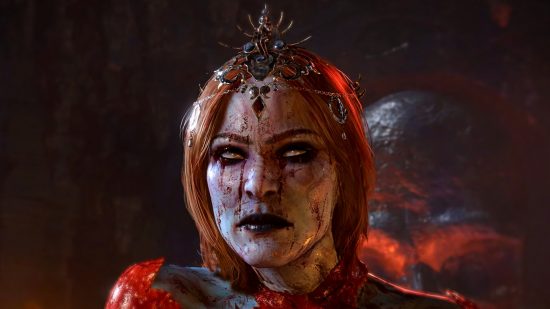 Baldur's Gate 3 physical release: Orin the Red, a blonde woman with dark red blood on her face and a circlet-like crown grimaces