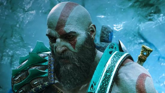 Best Steam Autumn Sale deals: Kratos from God of War, a large bald man with red face paint and a thick beard looks to the side, grimacing