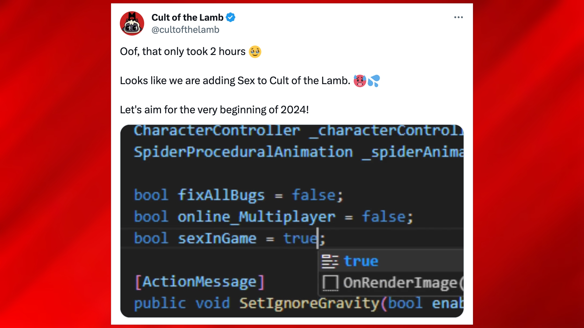 Cult of the Lamb tweet confirming that sex is coming in a 2024 update