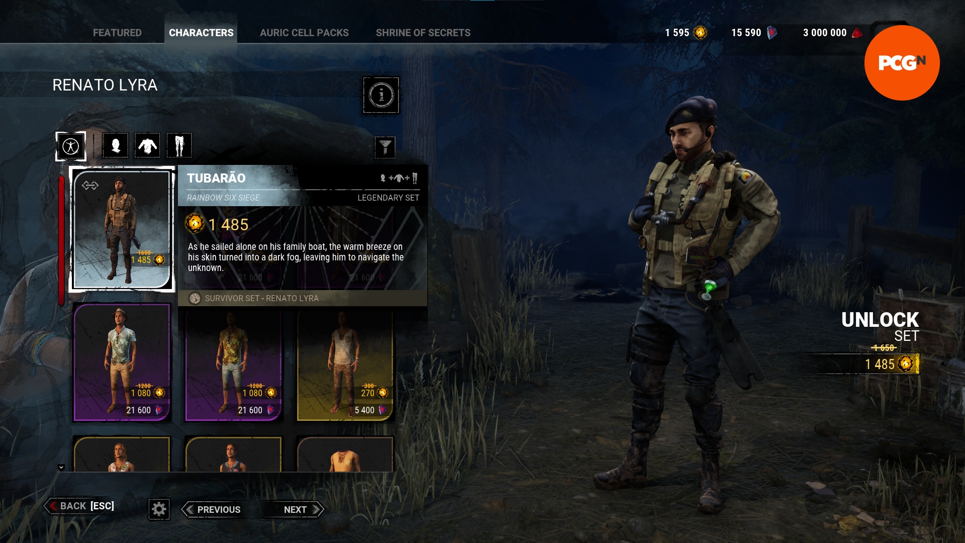 Screenshot von „Dead by Daylight“, der den Tubarão-Charakter im Spiel sowie die Shop-Details zeigt