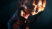 Dead by Daylight: Chucky, a scarred doll of a boy with choppy ginger hair, smiles to the side with a knife in hand