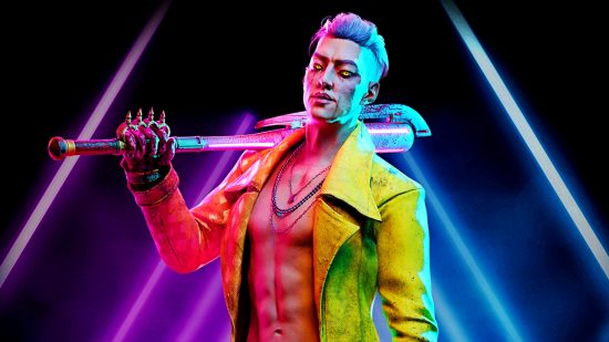 Dead by Daylight update: Trickster, a short-haired man with a bright yellow coat and yellow glowing eyes stands with his weapon back against his shoulder, neon lights behind him