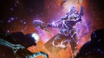 Destiny 2 The Final Shape delay: A glowing purple man in full armor wields an axe, swinging it down toward a dark shadow-y creature