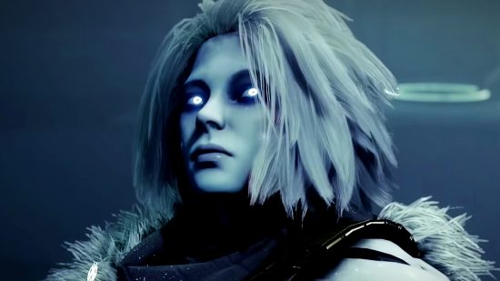 Destiny 2 fireteam finder: A pale blue-skinned woman with short white hair looks to the side, her eyes glowing white