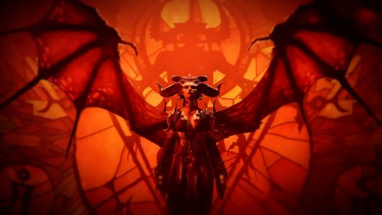 Diablo IV Vessel of Hatred: Lilith, a demonic horned succubus-like woman with spread-out wings, stands staring ahead