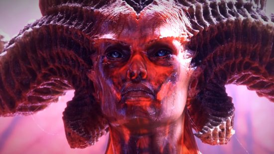 Diablo 4 free game: Lilith, a demonic-like woman with large horns portruding from her head, looks ahead as she's completely covered in dark red blood