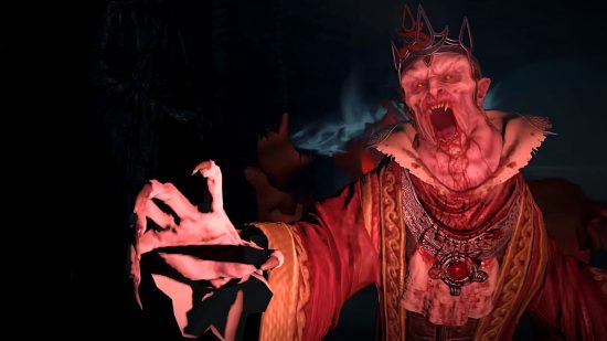 Diablo 4 missing XP: A vampiric man with long fingernails and sharp fangs stands wearing gold an red robes, his hand stretched out before him as he snarls