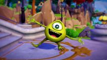 Disney Dreamlight Valley multiplayer: Mike Wazowski, a round green creature with one large blue eye, stands excited with his arms out