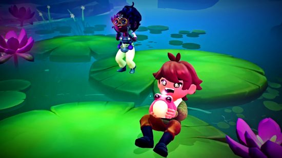 Fae Farm DLC: A screenshot from Coasts of Croakia showing two characters, one boy and one girl, playing with frogs on giant lily pads