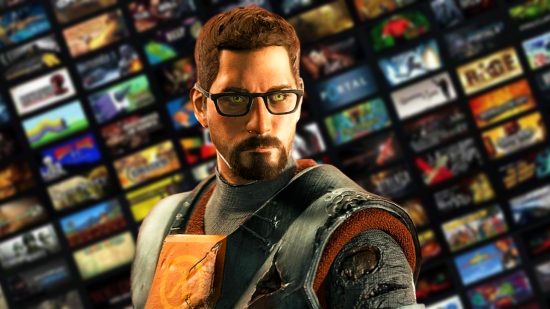 Half-Life free game: Gordon Freeman from Half-Life, a man with short brown hair and glasses, stands against a backdrop featuring Steam games