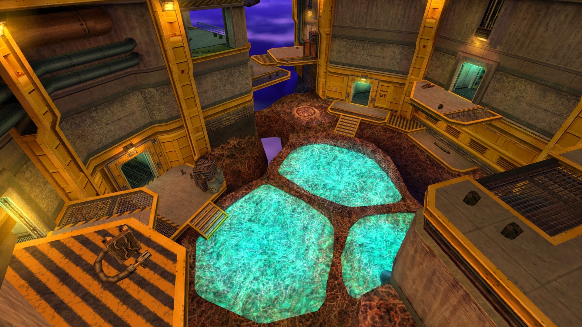 Half-Life-Poolparty-Karte, die das Innere einer Anlage zeigt, die scheinbar in einem violetten Raum schwebt