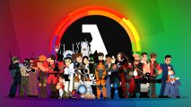 Half-Life spinoff: A rainbow encompassing Valve's Half-Life logo, surrounded by cartoon-like characters