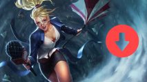 League of Legends patch 13.22: a young blonde woman with a mic and umbrella stood in a storm, with a red arrow pointing down to her right
