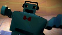 Lethal Company: A robot wearing headphones and a red bowtie smiles