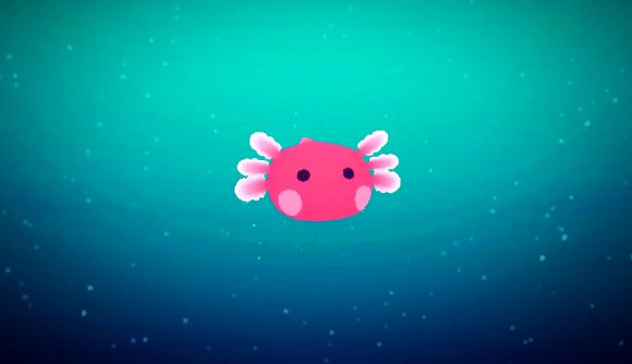 A bright pink axolotl-like creature underwater, staring ahead with two beady black eyes