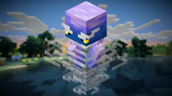 Minecraft new Breeze mob, a light purple block creature with spiraling grey wind around it