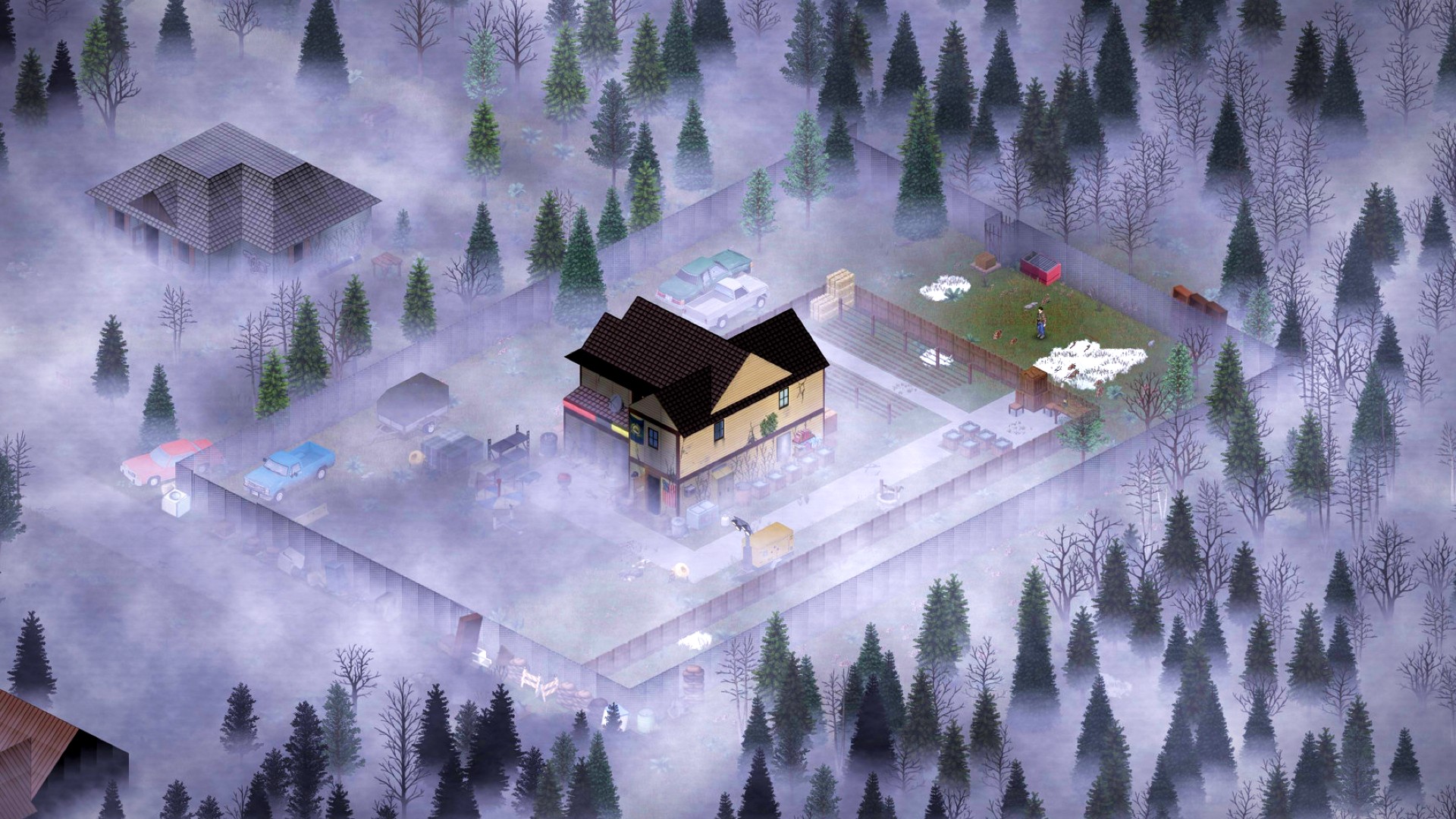 Project Zomboid screenshot showing a lone yellow house in the middle of a foggy forest