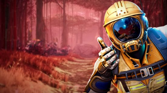 Satisfactory update: A man wearing a yellow space-like suit gives a thumbs up, a red-tinged forest behind him