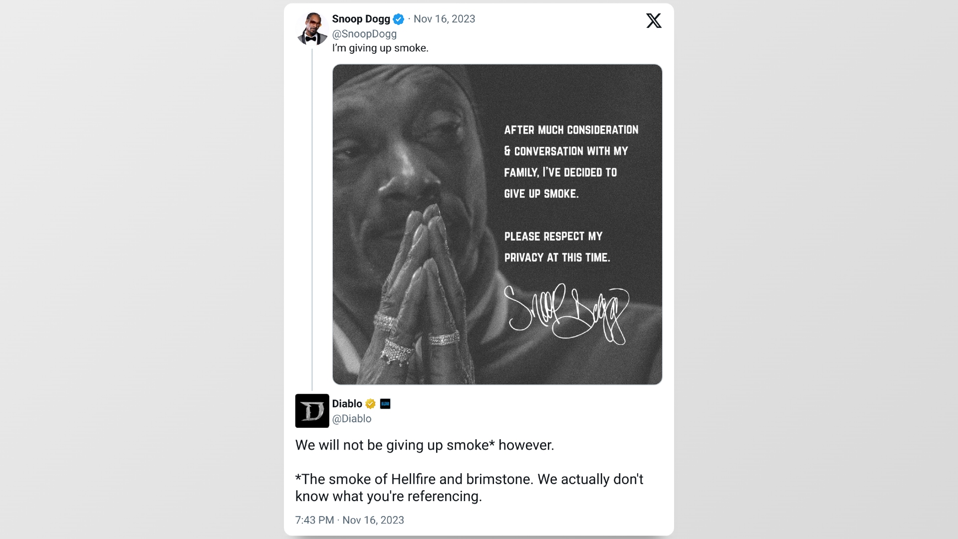 Snoop Dogg's original post with Diablo 4's follow-up comment about smoke