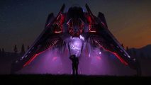Star Citizen free game: A large black and red spaceship lands on a dark grassy field under the night sky, a shadowy figure standing in front of its entrance